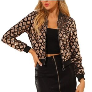Privy Rose Gold Sequin Bomber velour Jacket Large